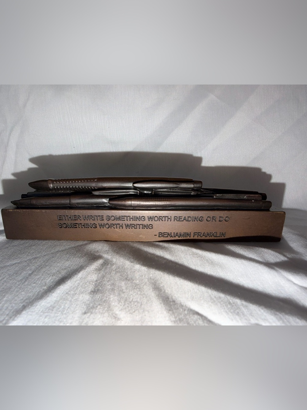 TMS Bronze Finish Pen Sculpture Paperweight - Benjamin Franklin Quote